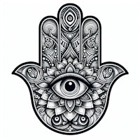 a black and white hamsa hand with an eye on it